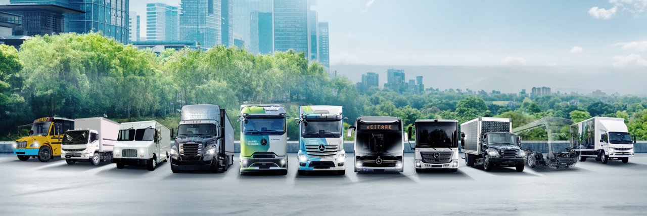 Daimler Truck Family Shot with battery-electric trucks and buses